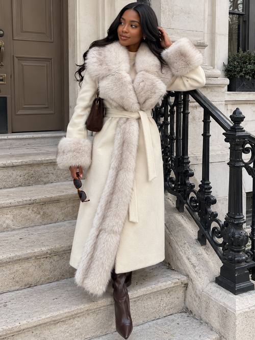 Cream faux fur V-neck lace-up overcoat with white fur collar and cuff details