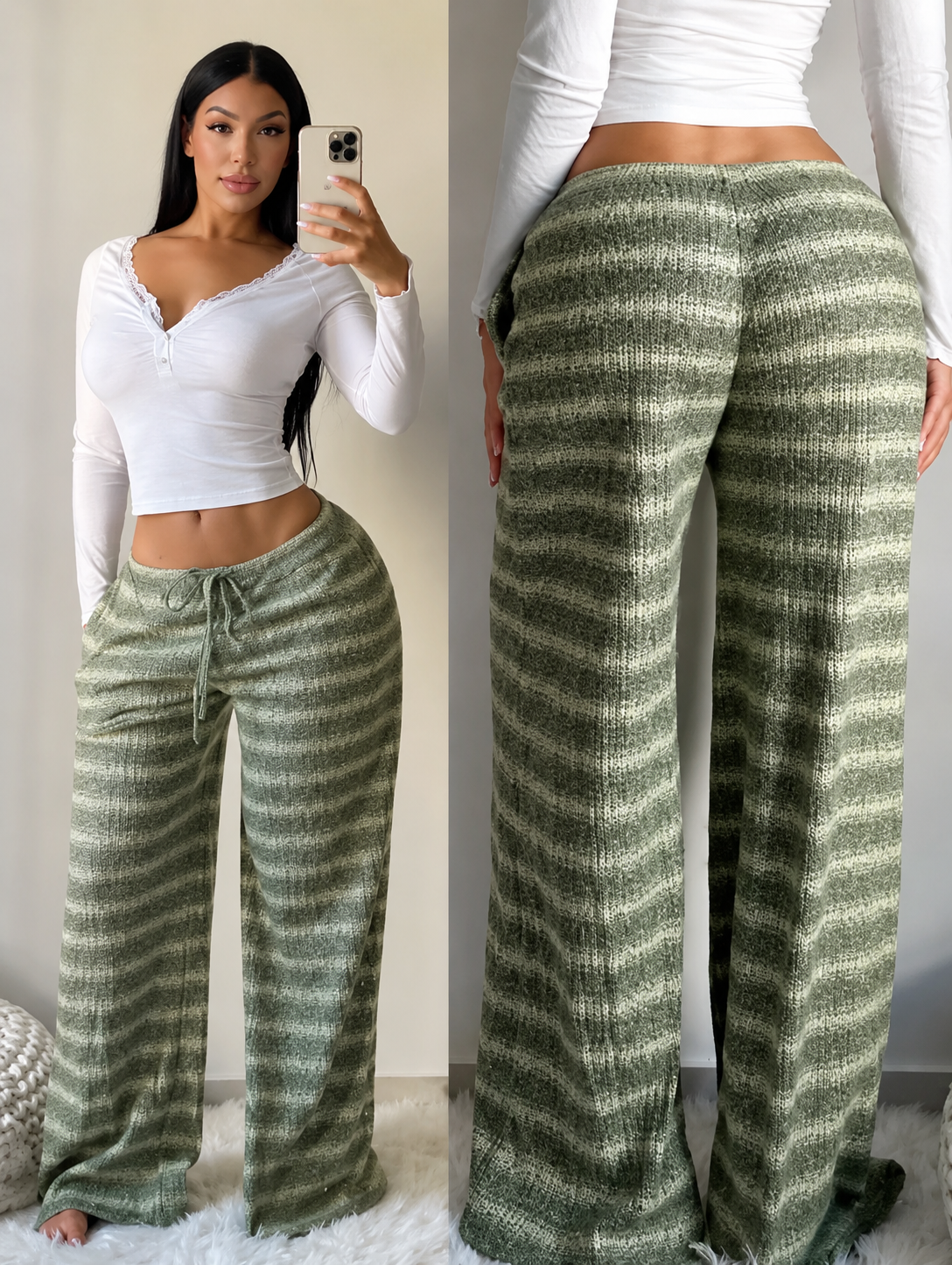 Olive green striped knit lounge trousers with wide waistband and relaxed straight legs