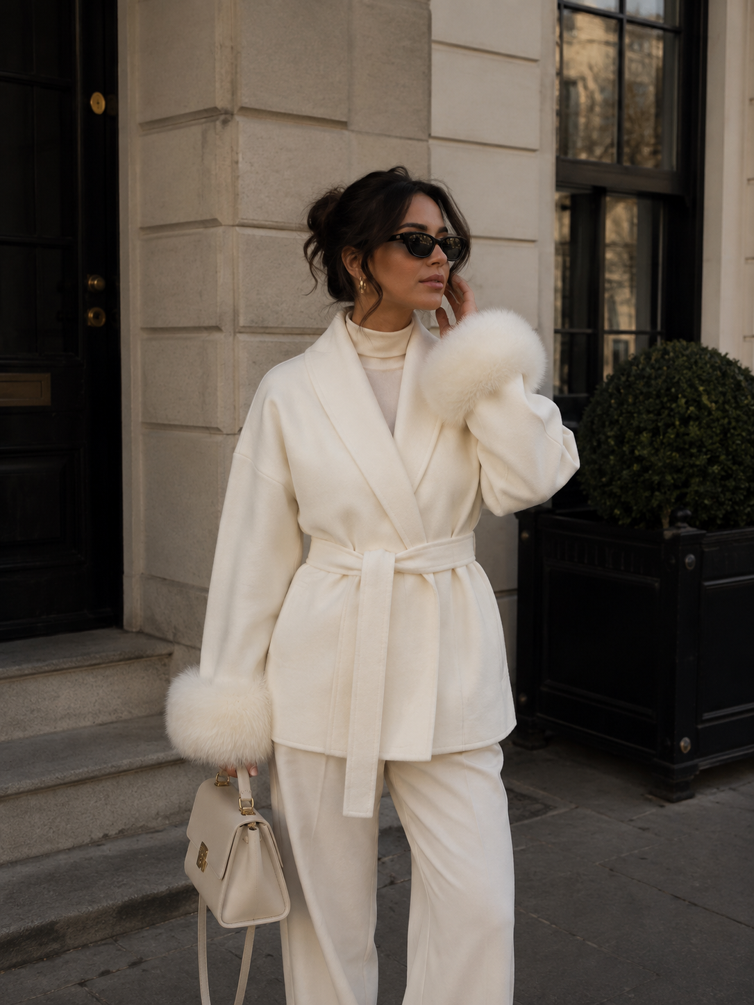 White wool short coat with shawl collar, faux fur cuffs, and self-tie belt