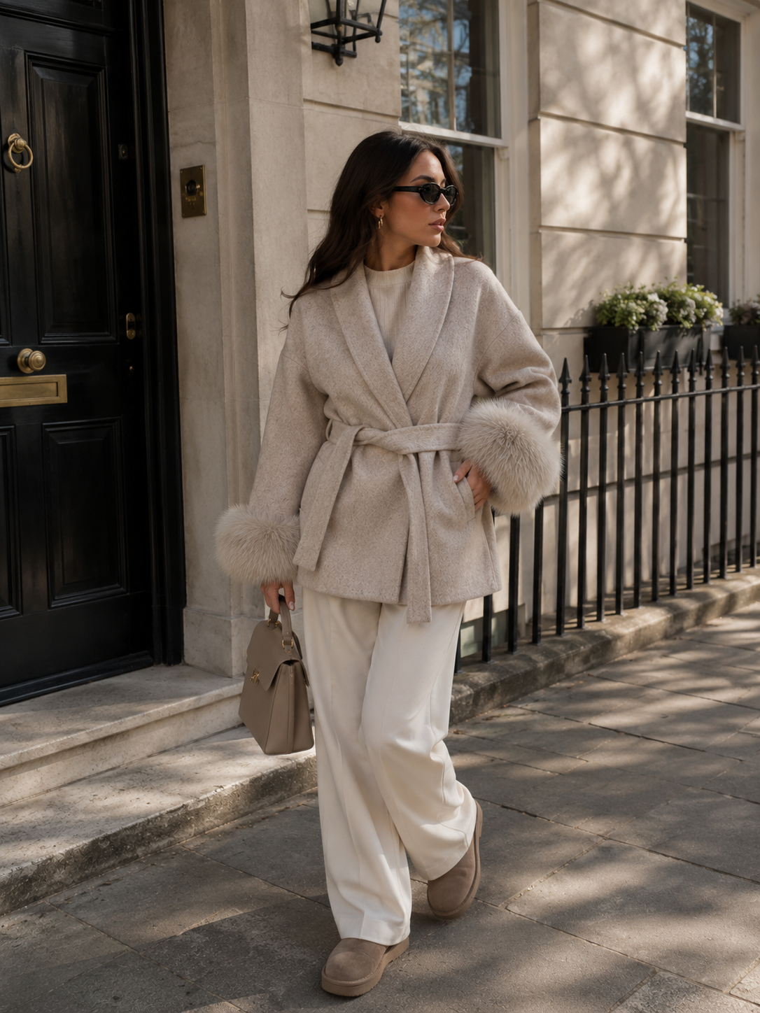 Sand wool short coat with shawl collar, faux fur cuff trim, and self-tie waist belt
