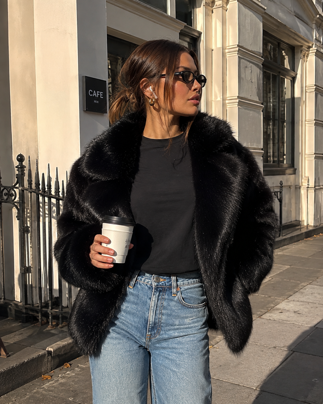 Black faux fox fur short coat with shawl collar, open front