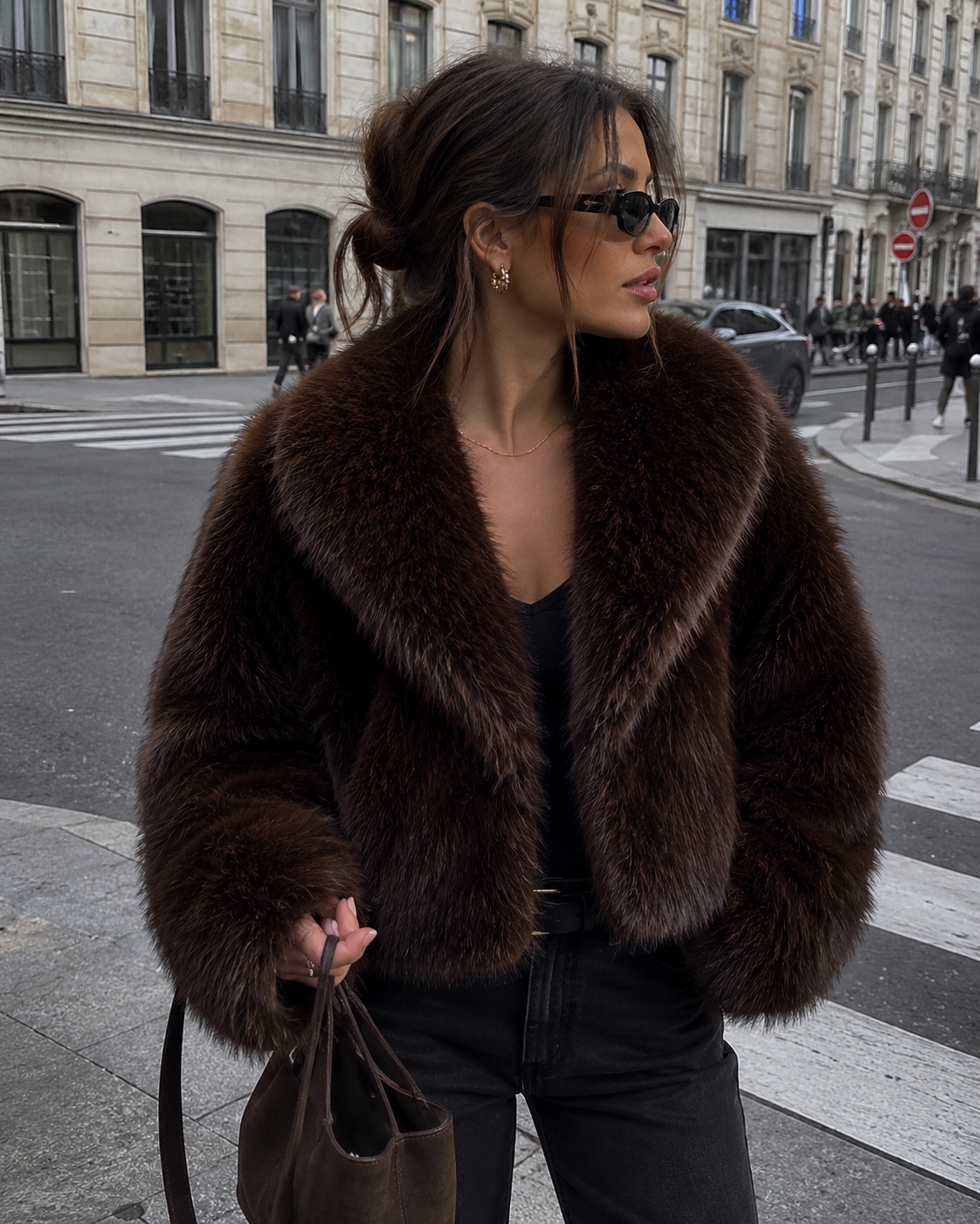 Dark brown faux fox fur short coat with shawl collar, open front, plush texture