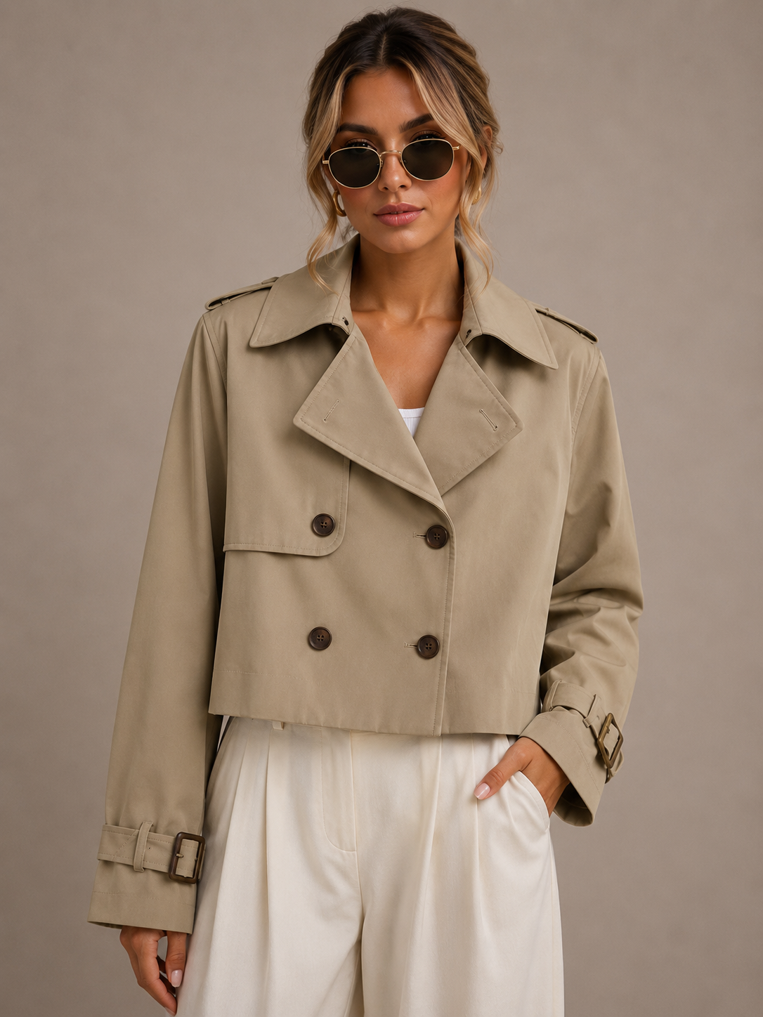 Khaki cropped double-breasted trench jacket with button front and belted cuffs