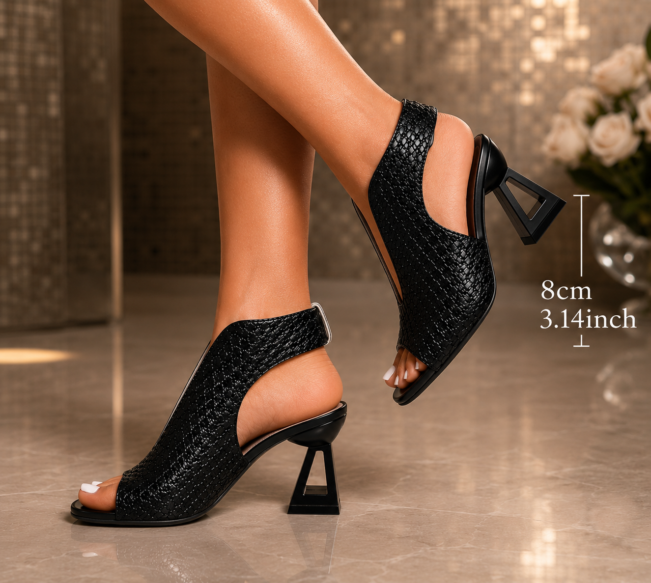 Black peep-toe heeled sandals with ankle cut, textured upper, and chunky block heel