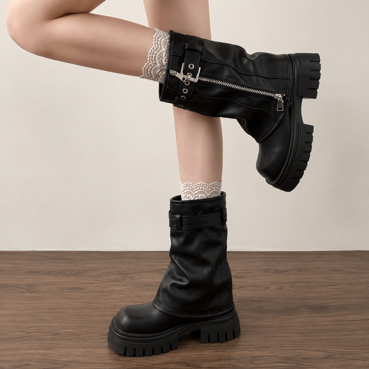 Black platform ankle boots with buckle straps, side zipper, and chunky tread
