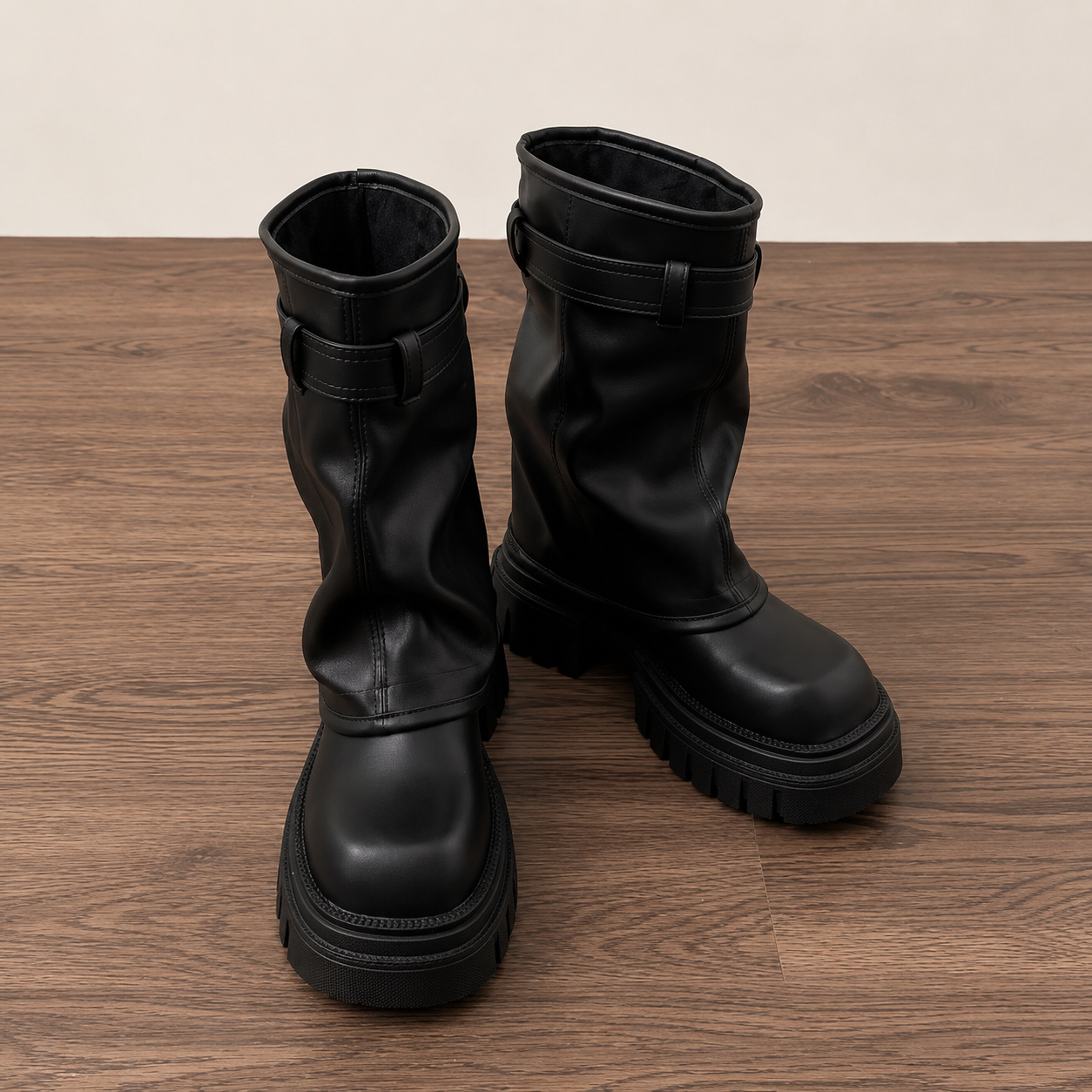 Black platform ankle boots pair with buckled straps and side zippers