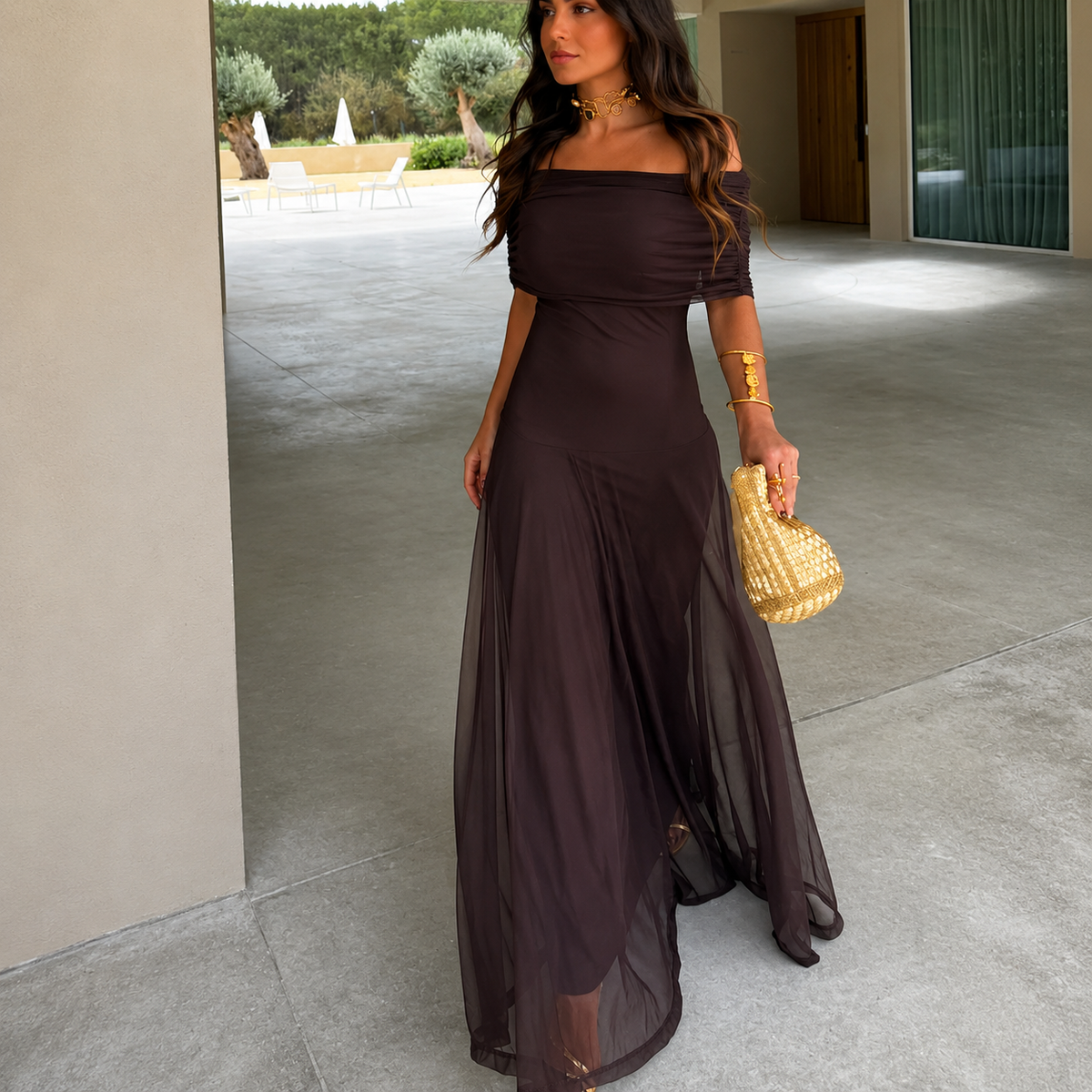 Dark brown one-shoulder sheath maxi dress with off-shoulder cut and side slit