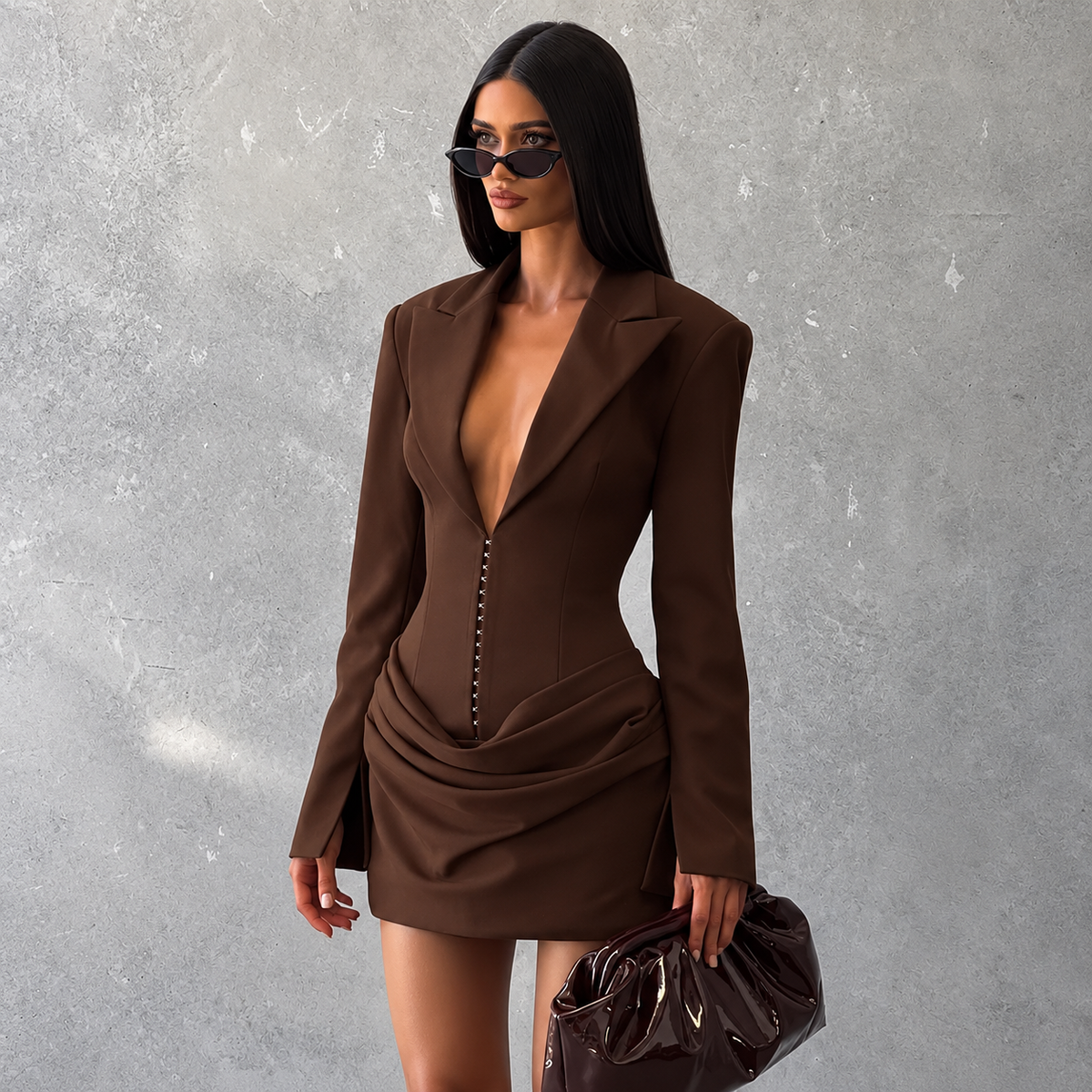Brown pleated blazer mini dress with deep V-neck and ruched drape at waist