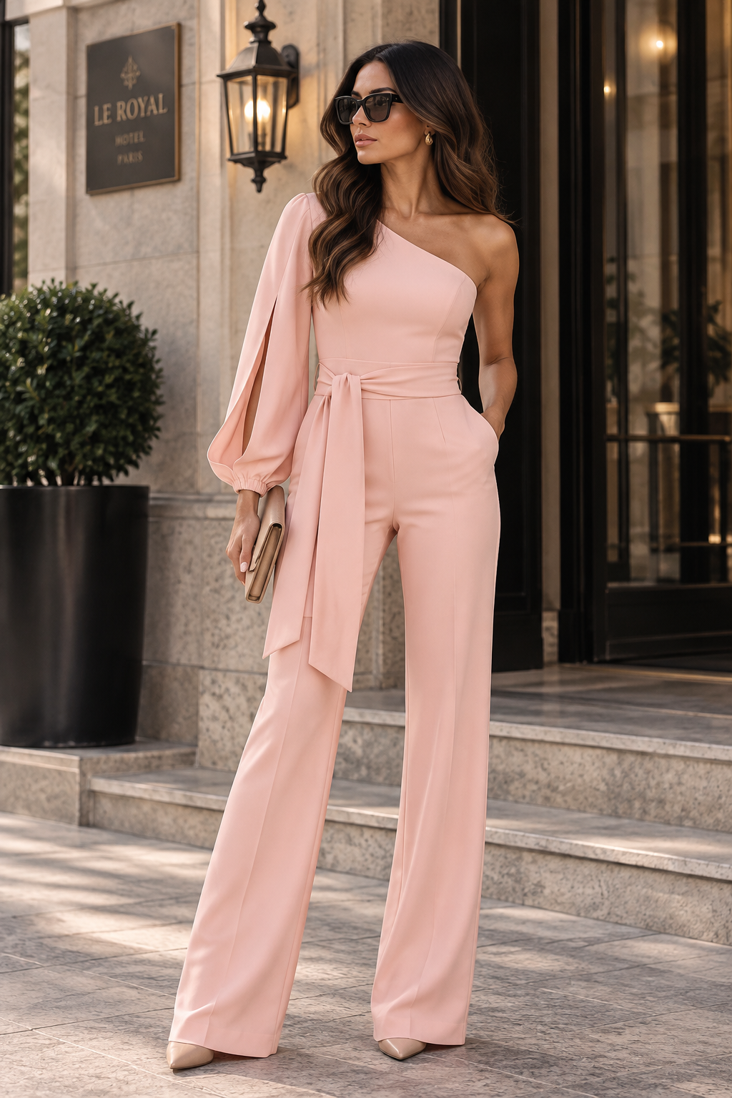 Women's blush pink one-shoulder wide-leg jumpsuit with draped open sleeve
