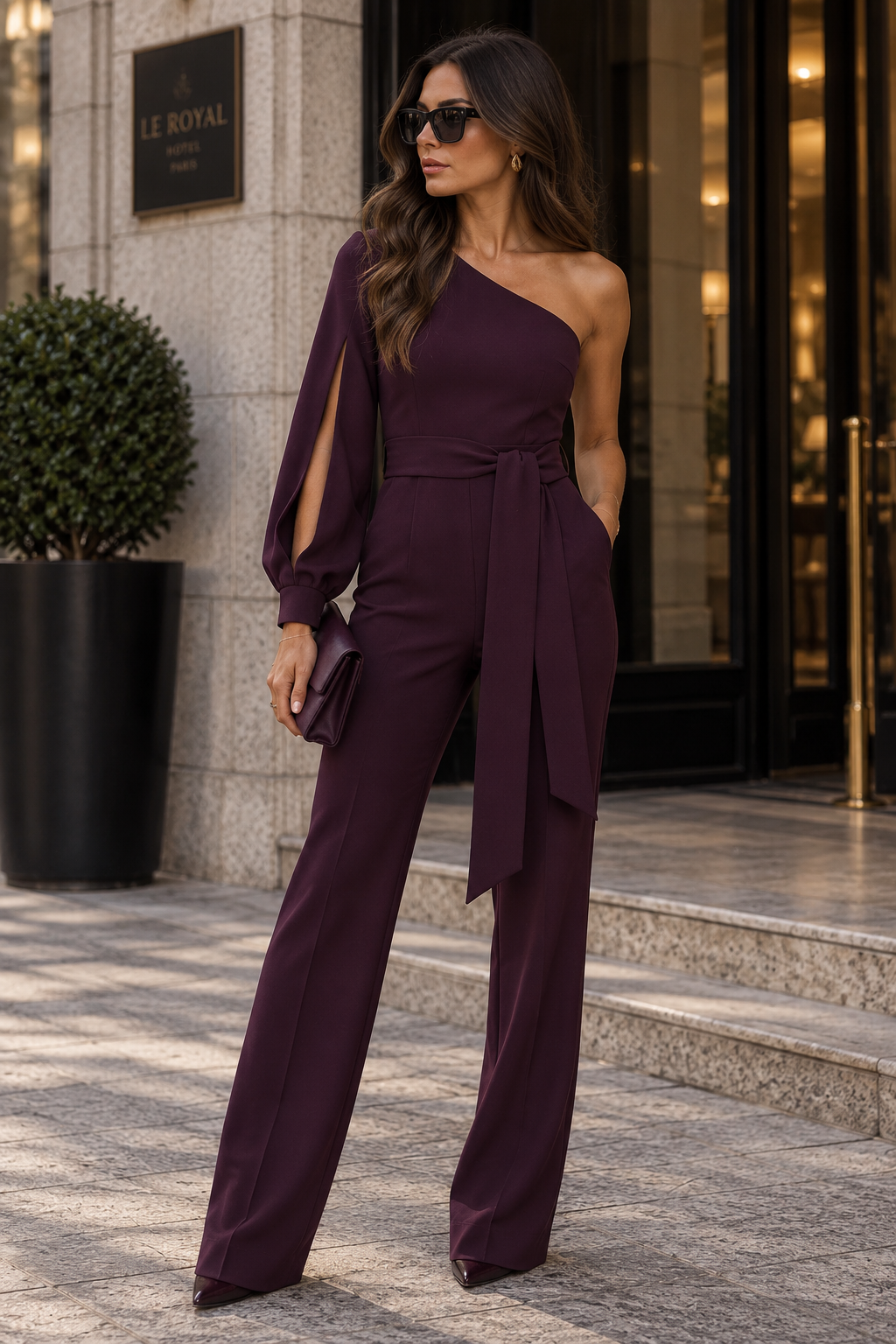 Women's purple one-shoulder wide-leg jumpsuit with side drape and bow waist