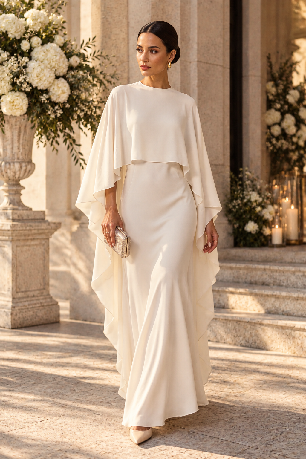 Cream batwing cape-sleeve formal maxi dress with layered ruffle bodice