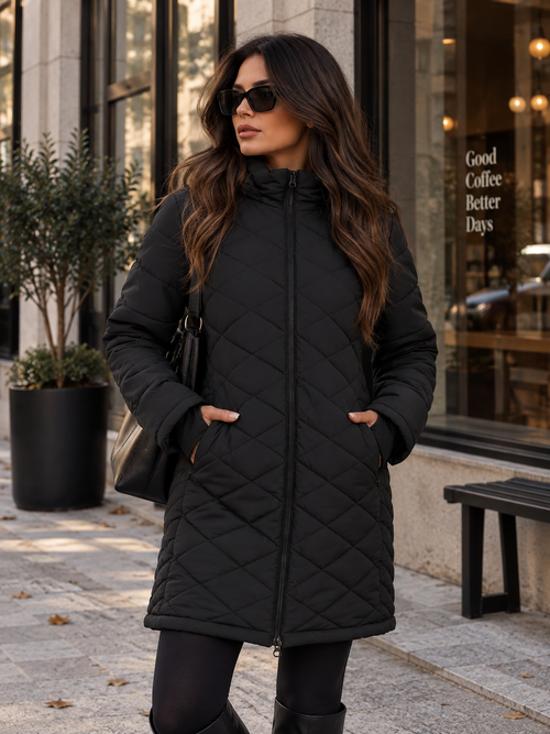 Black quilted long coat with hood, front zipper, long sleeves and side pockets