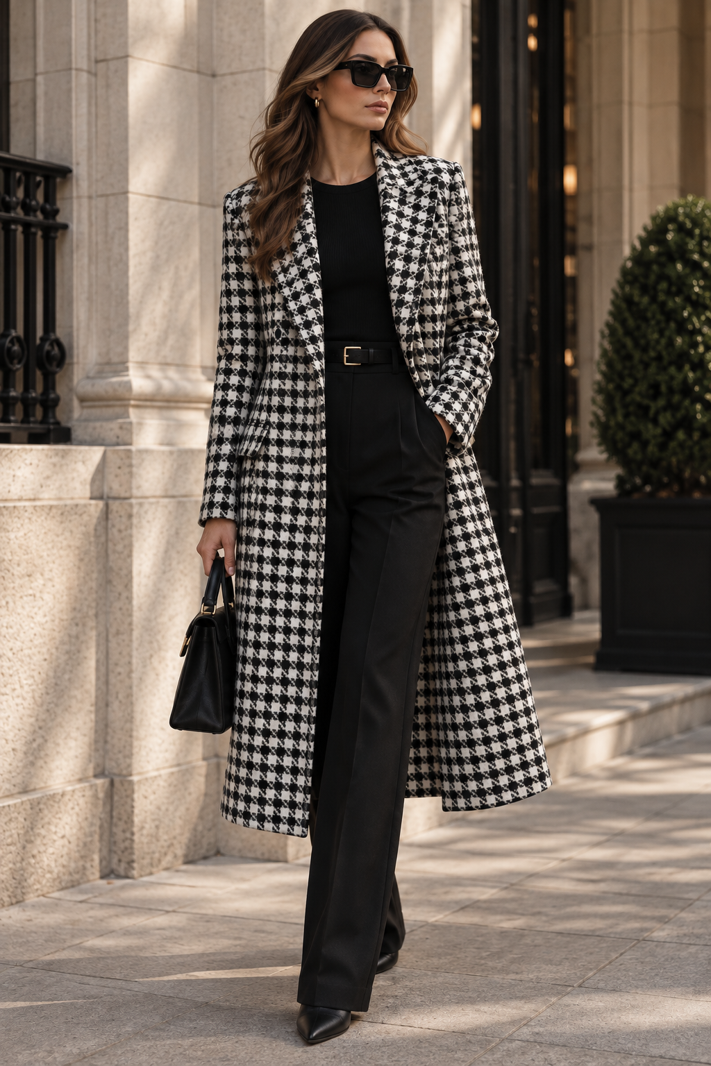 Houndstooth wool coat with relaxed lapels, long length and front pockets