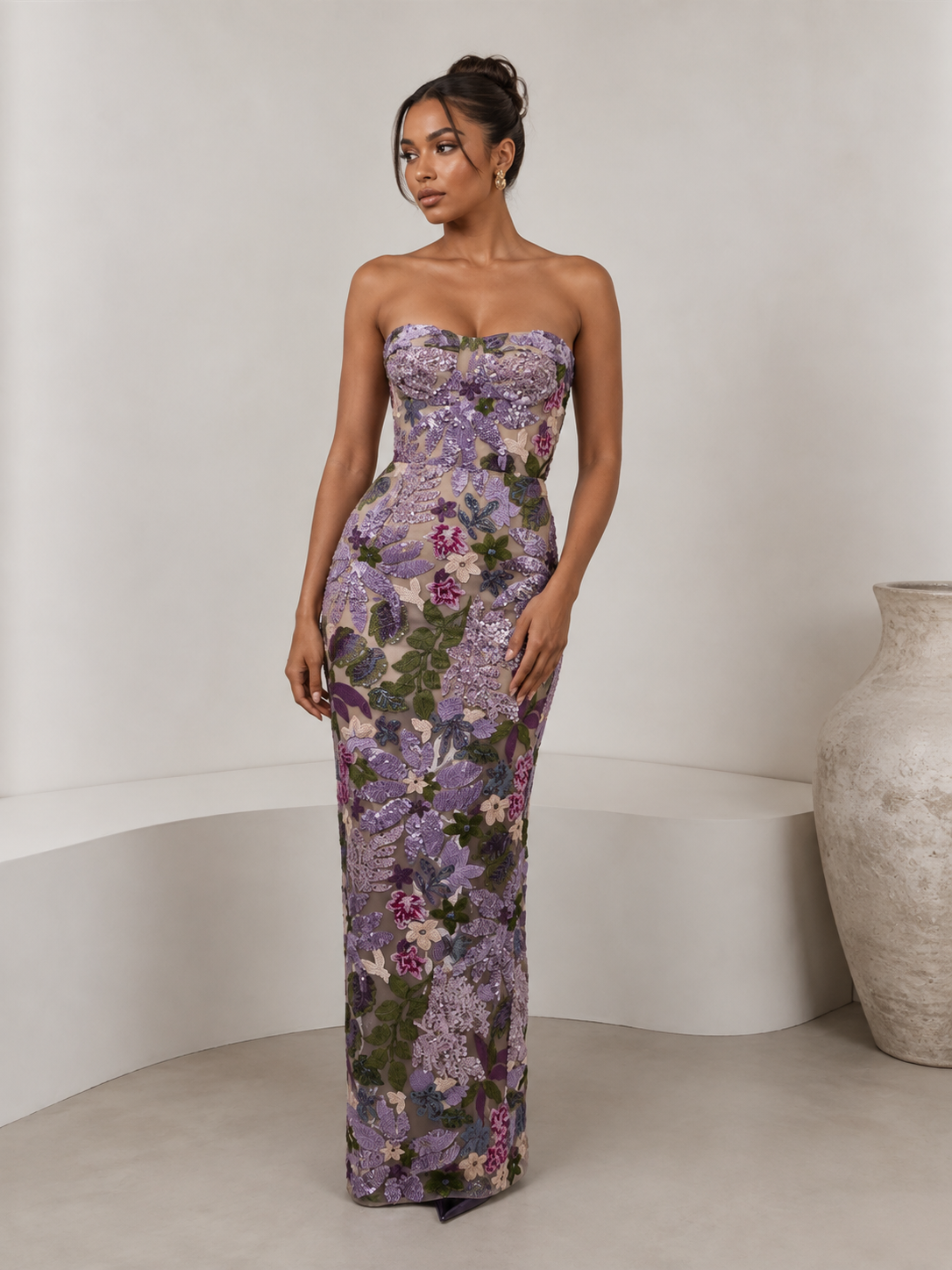 Purple floral strapless bodycon maxi dress with gathered sweetheart neckline
