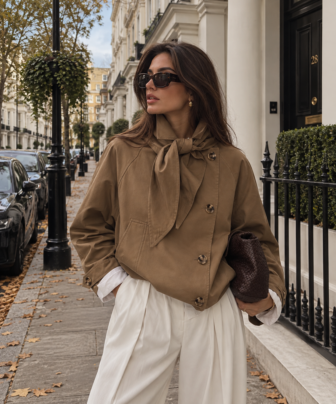 Brown batwing pocket jacket with bow tie neck and button front