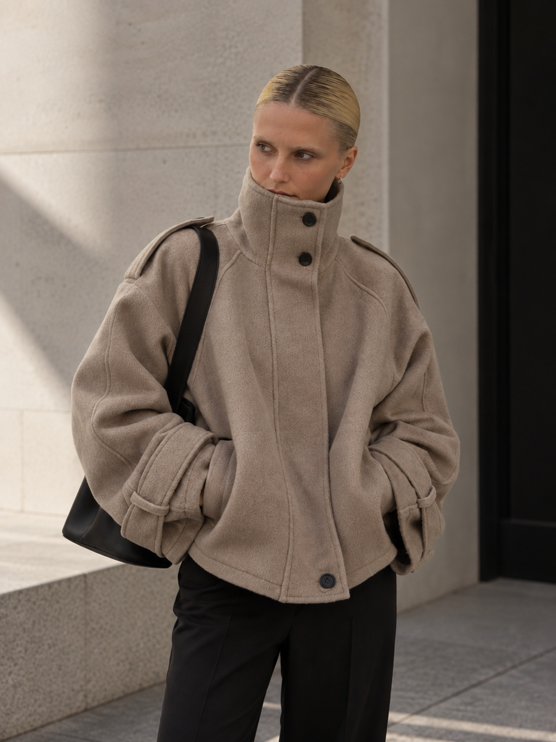 Maia | Women's High Neck Button Front Wool Blend Jacket