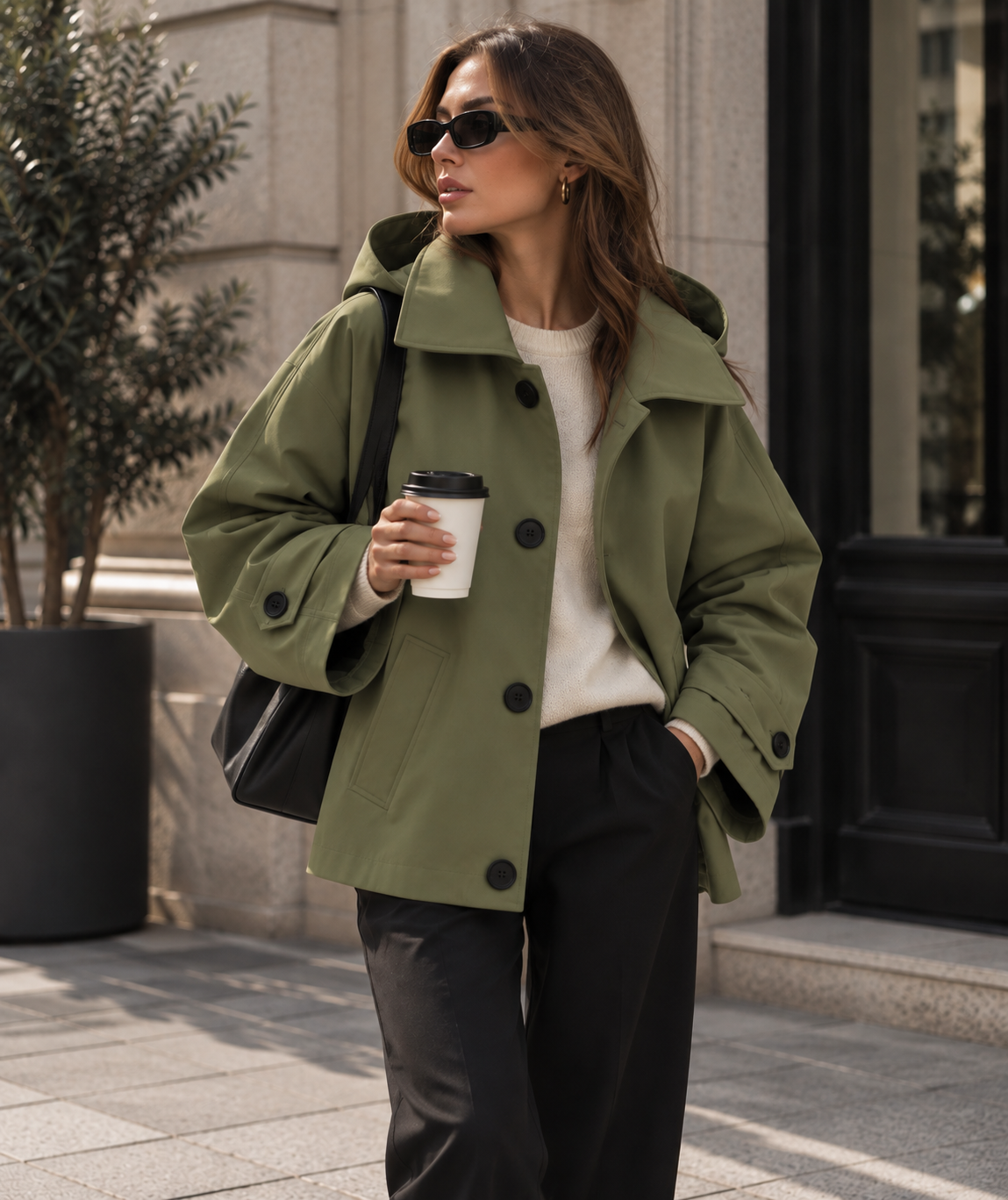 Army green hooded trench coat on model, featuring double-breasted button front