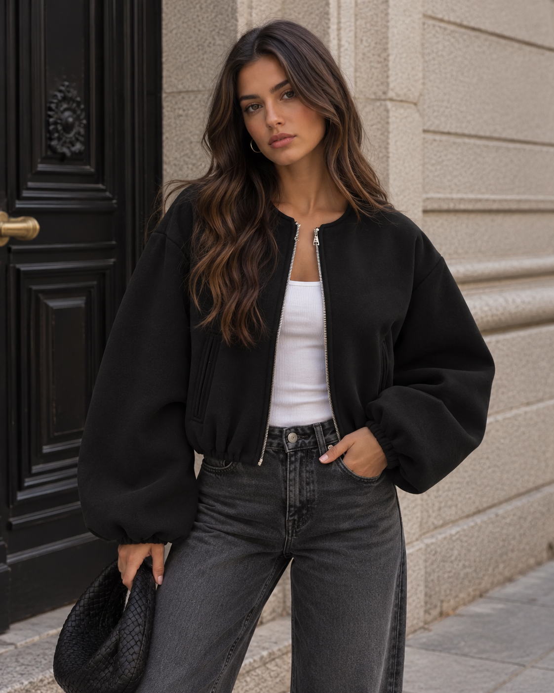 Adèle Cropped Fleece Bomber Jacket