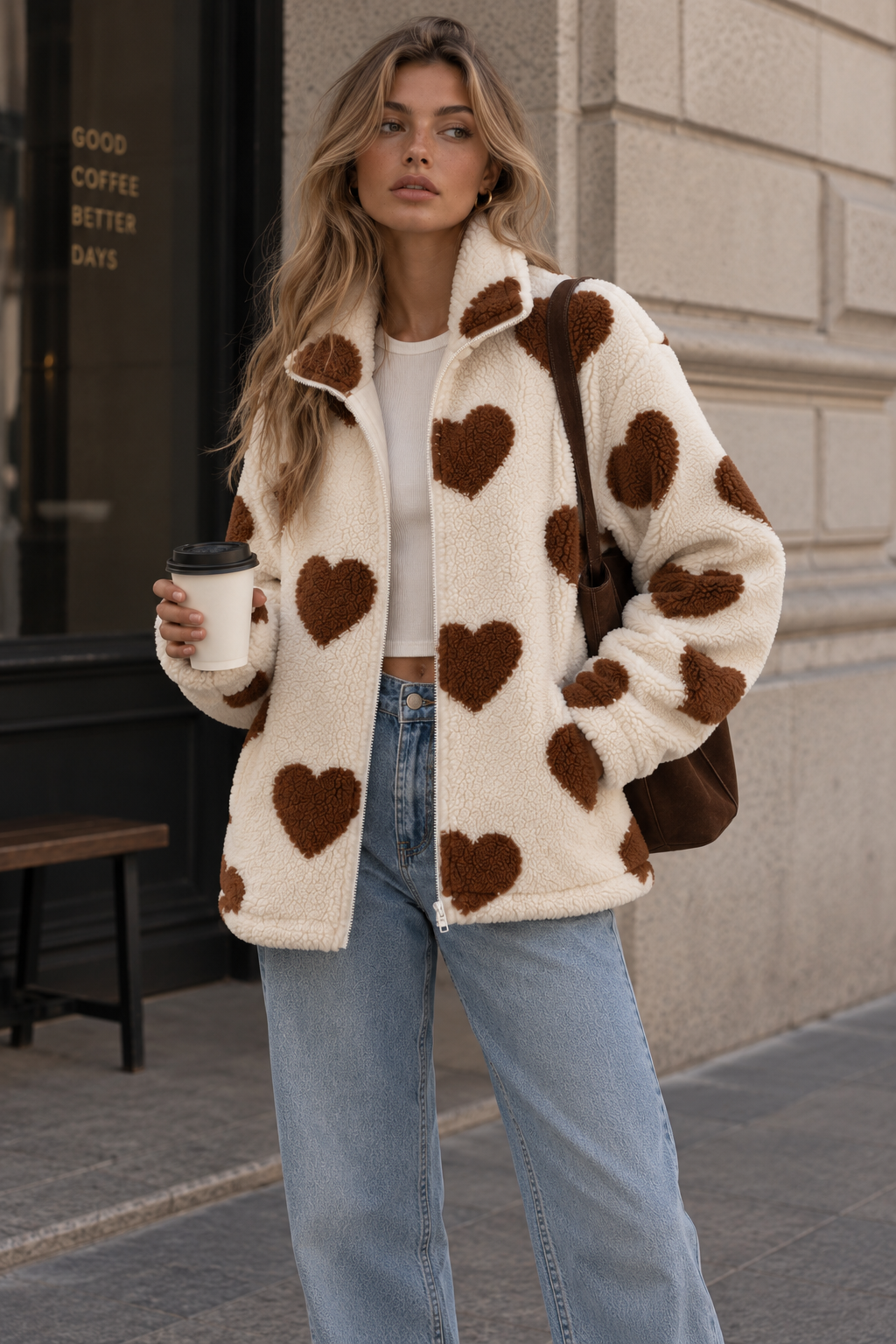 Élodie Heart Print Teddy Fleece Jacket