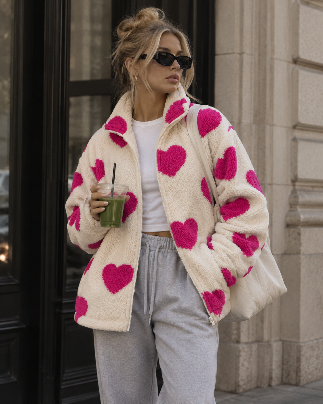 Élodie Heart Print Teddy Fleece Jacket