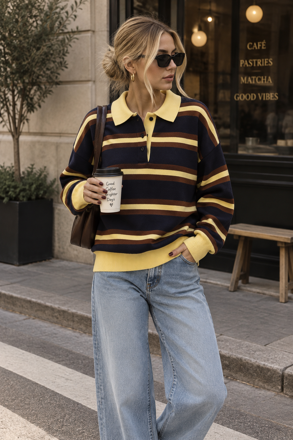 Margot Striped Polo Neck Knit Pullover