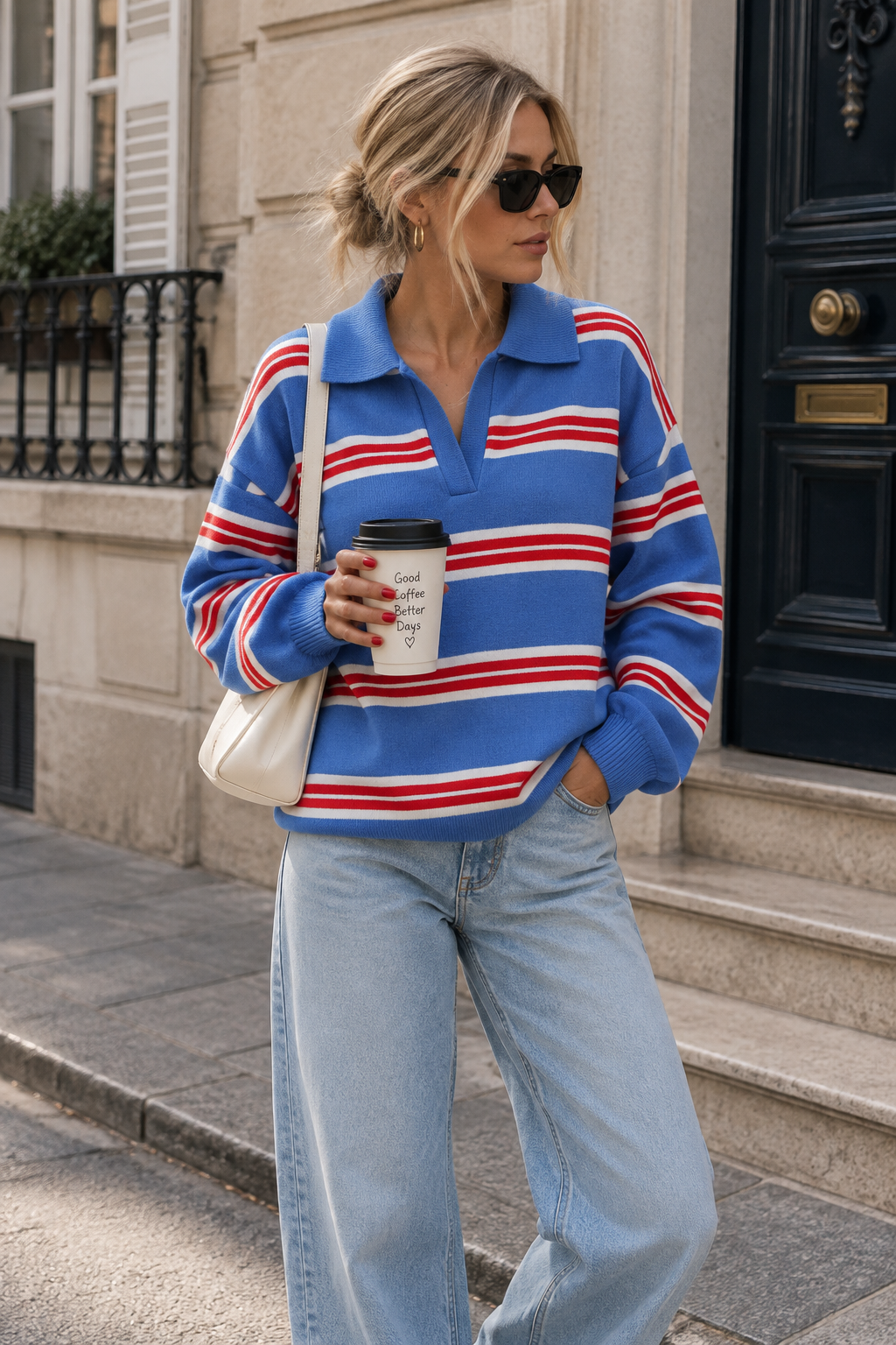 Margot Striped Polo Neck Knit Pullover