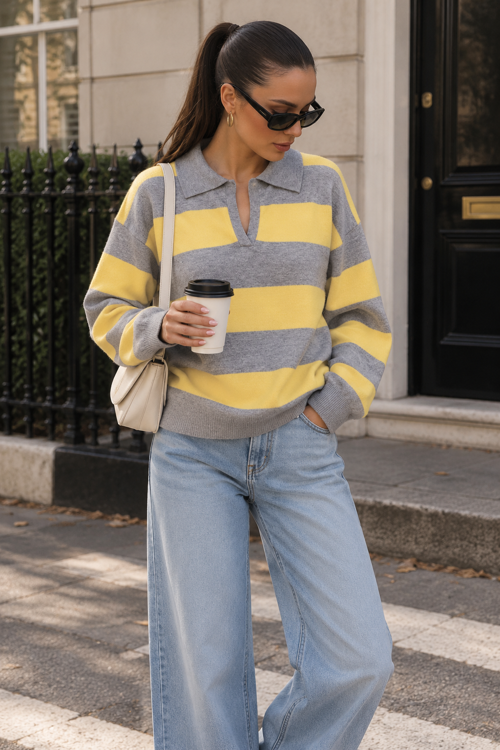Margot Striped Polo Neck Knit Pullover