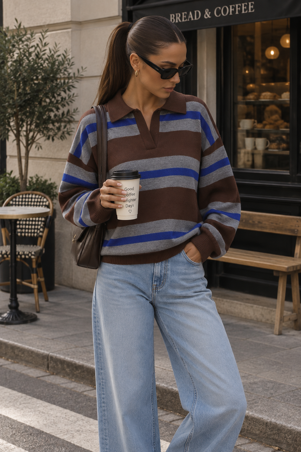 Margot Striped Polo Neck Knit Pullover