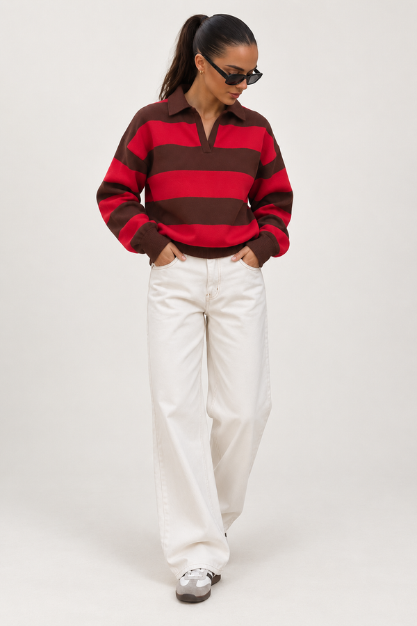 Margot Striped Polo Neck Knit Pullover