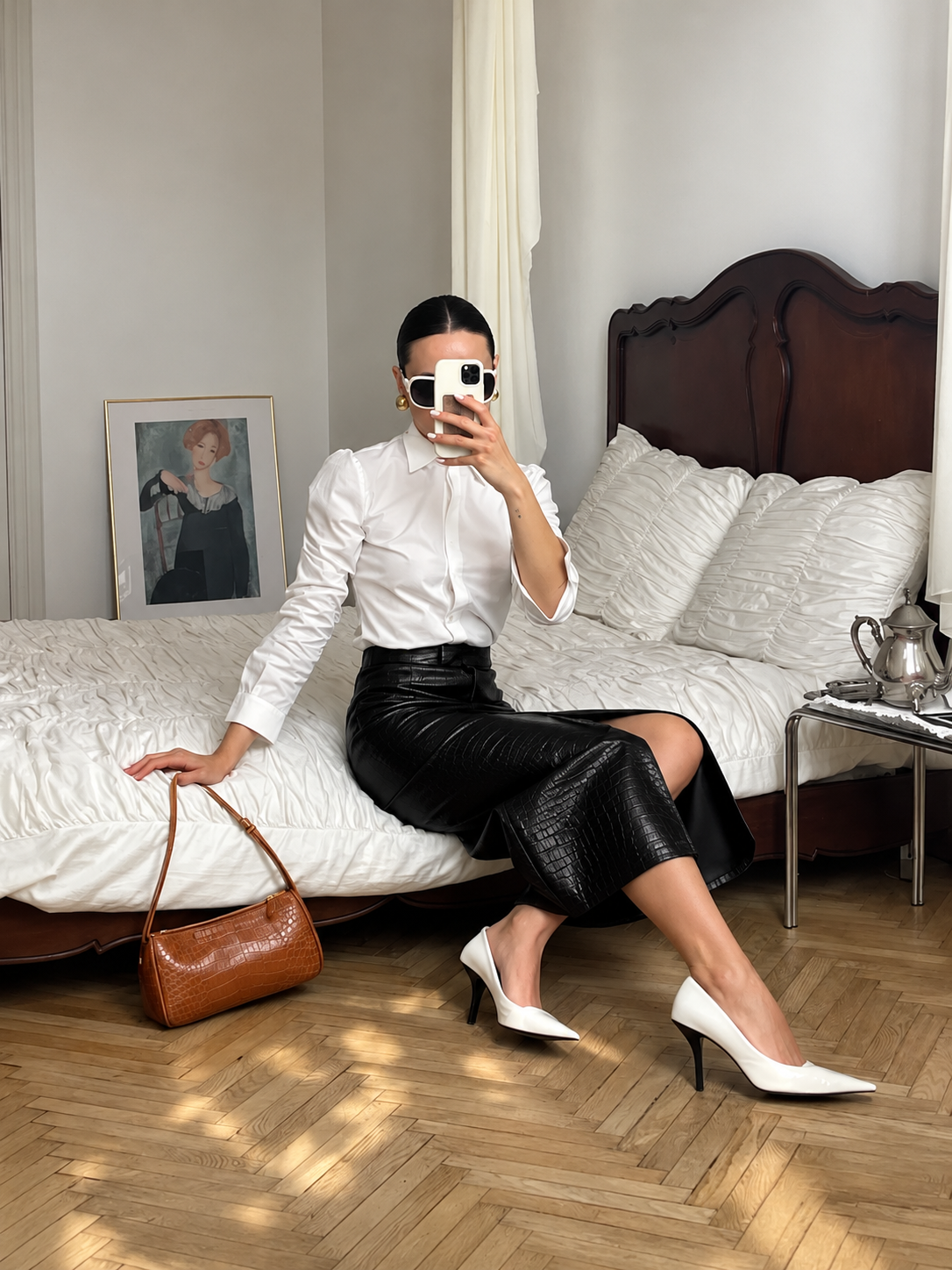 Black croc-grain faux leather split maxi skirt with front slit, sleek pencil silhouette