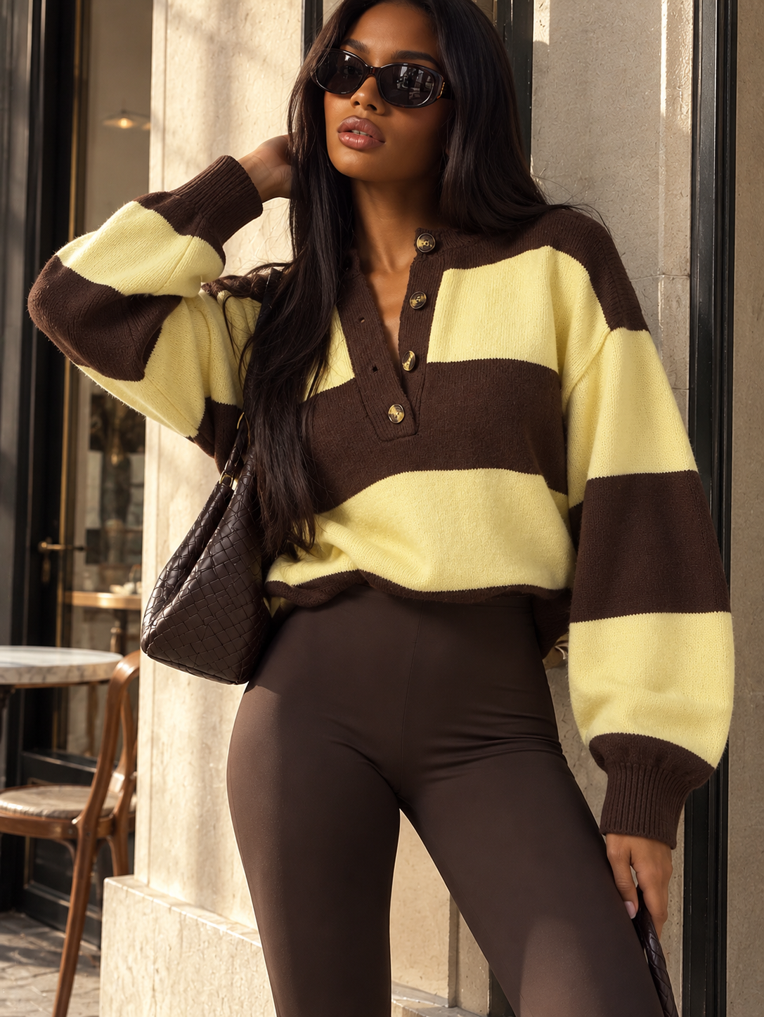 Yellow & dark brown striped knit henley pullover with button placket, long sleeves