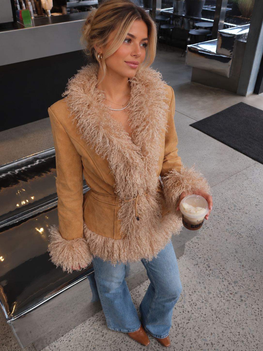 Beatrice Curly Fur-Collar Tie-Waist Suede Jacket