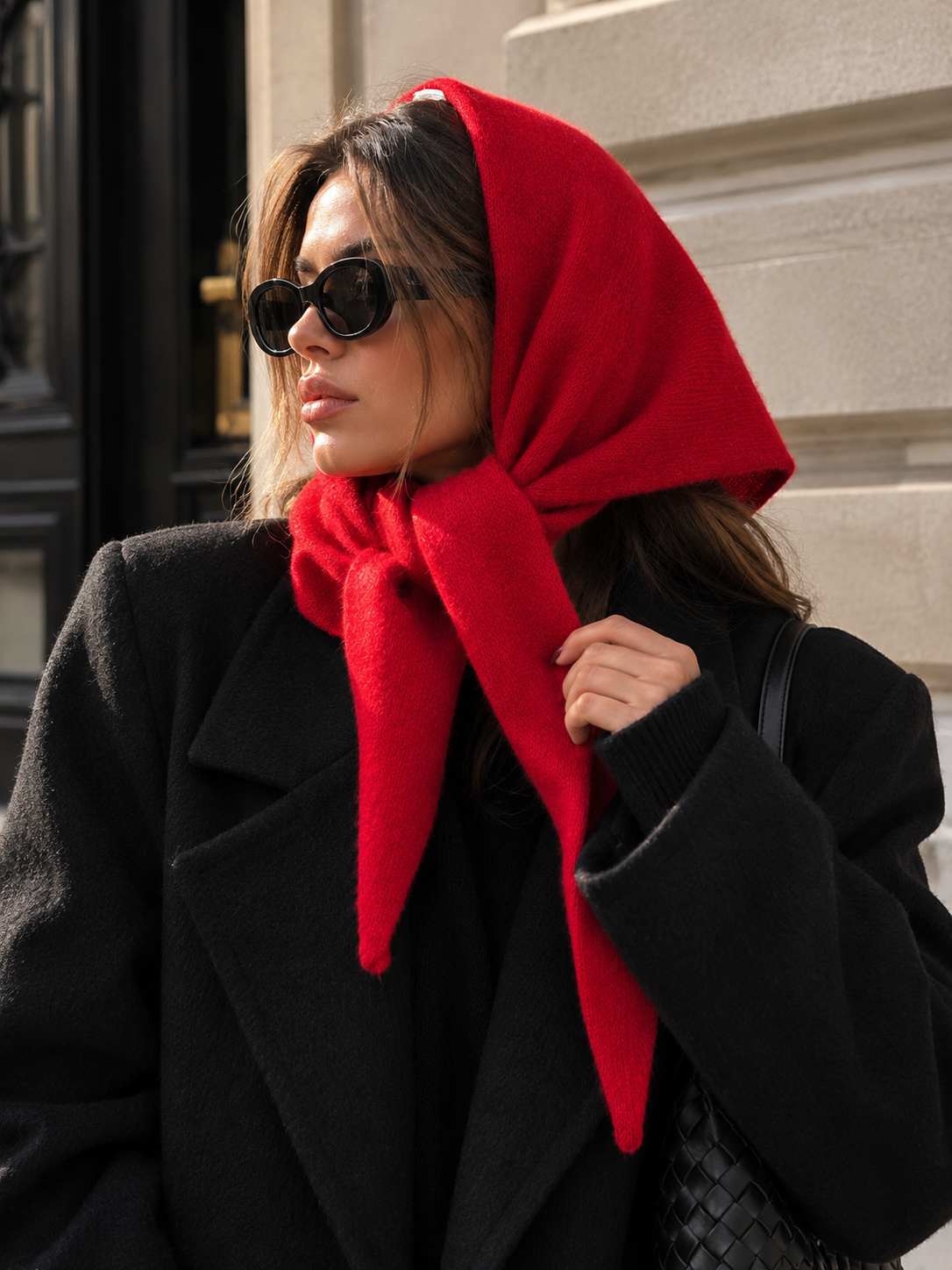 Long wool wrap scarf in red, tied at the neck with long hanging ends