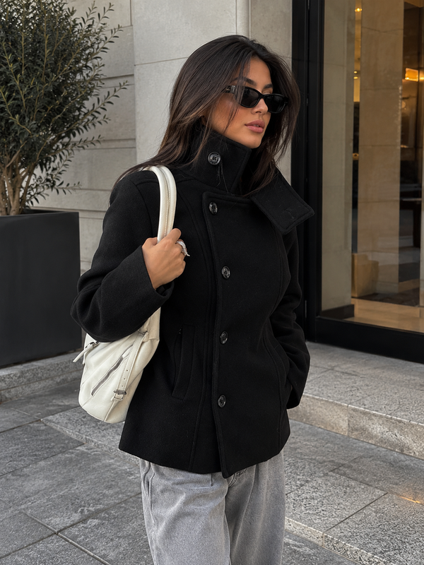 Adele Stand-Collar Wool Pea Coat