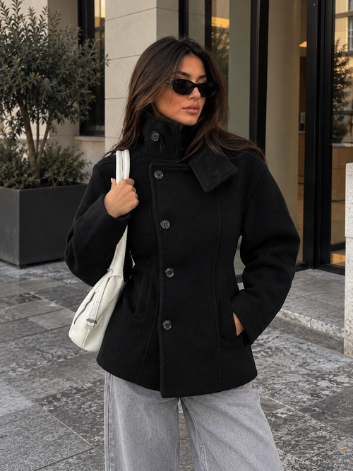 Black stand-collar wool pea coat with double-breasted buttons and shoulder seam