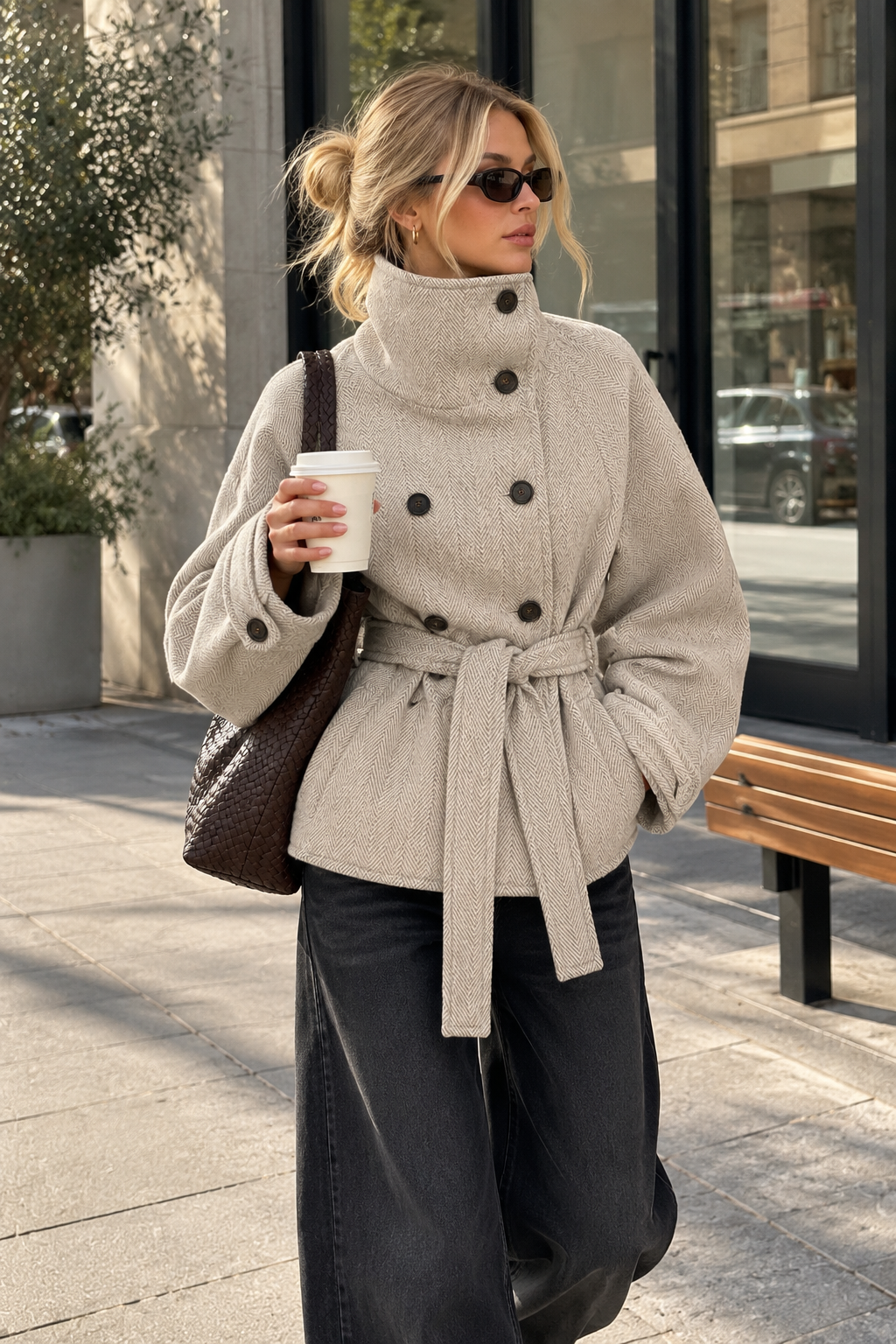 Light gray belted funnel neck coat with double-breasted buttons and tied waist belt