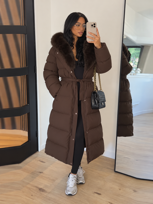 Noemie Faux-Fur Hood Drawstring Maxi Puffer Coat