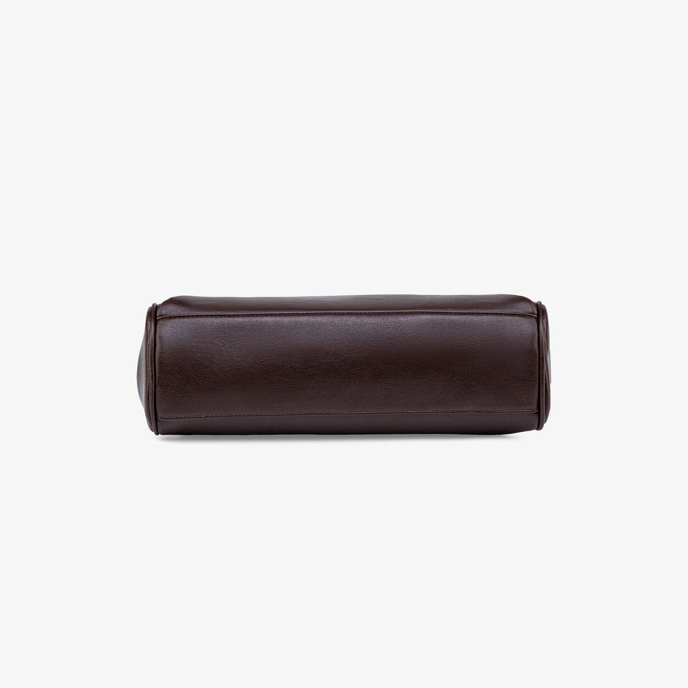 Bottom view of the dark brown leather shoulder bag, showing its flat base and stitched edges