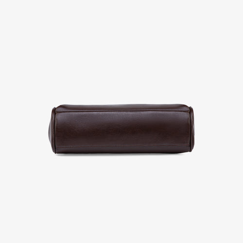 Bottom view of the dark brown leather shoulder bag, showing its flat base and stitched edges