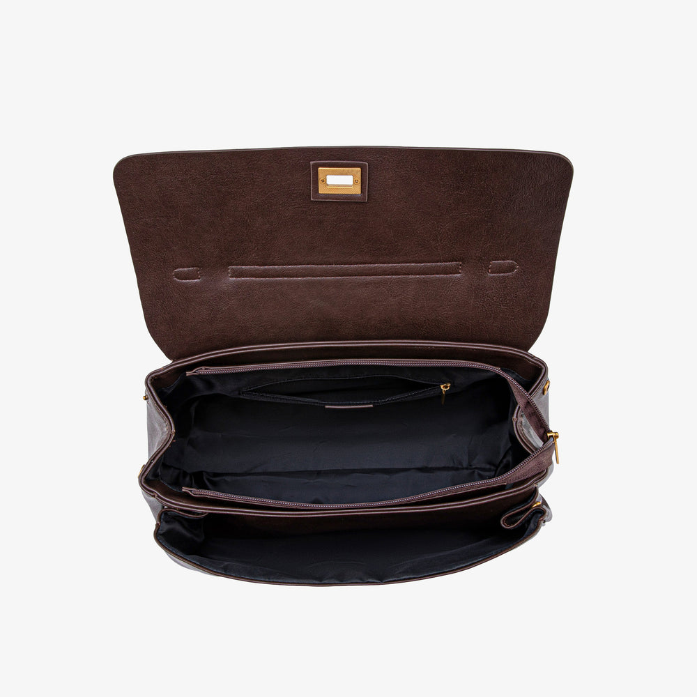Ciara Vintage bag open to show its dark-lined compartments and interior zip pocket