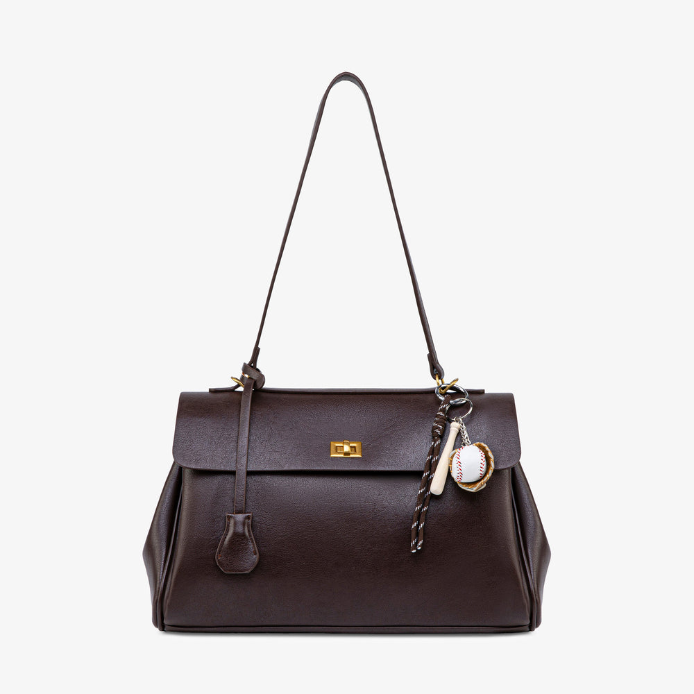 Ciara Vintage dark brown shoulder bag with flap closure, gold-tone clasp, and decorative charms