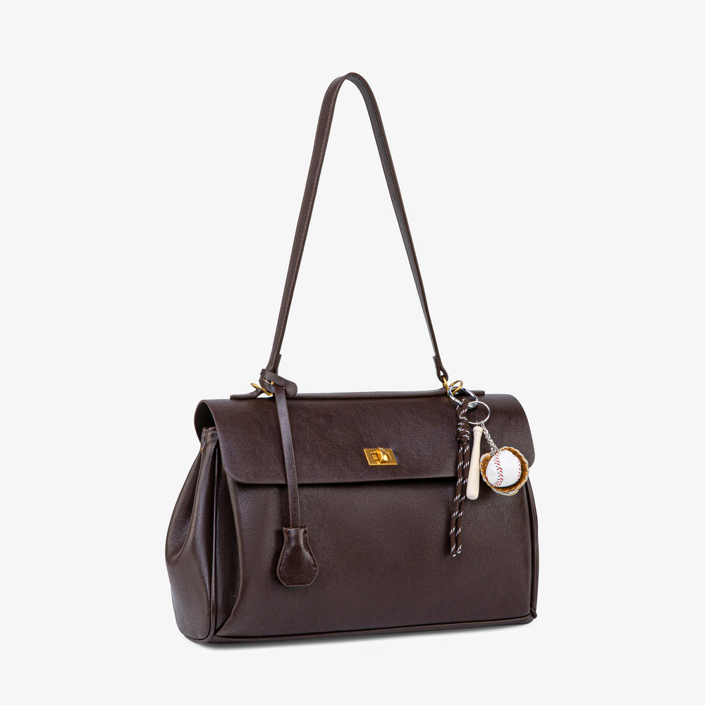 Ciara Vintage dark brown shoulder bag with long strap, gold clasp, and hanging charms