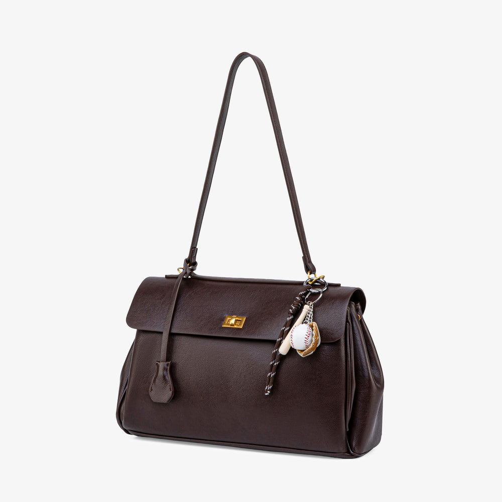 Ciara Vintage dark brown shoulder bag with long strap, gold clasp, and hanging charms
