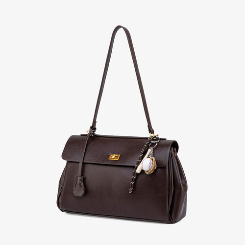 Ciara Vintage dark brown shoulder bag with long strap, gold clasp, and hanging charms