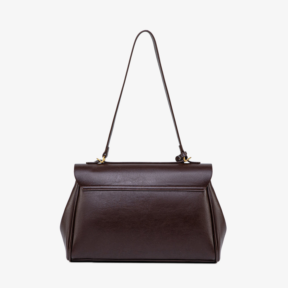 Dark brown leather shoulder bag with a long strap and structured flap