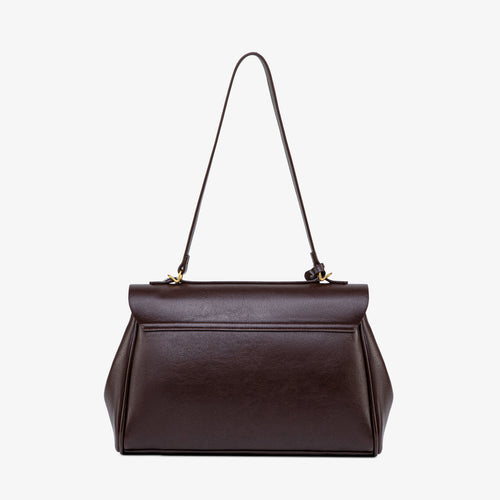 Dark brown leather shoulder bag with a long strap and structured flap
