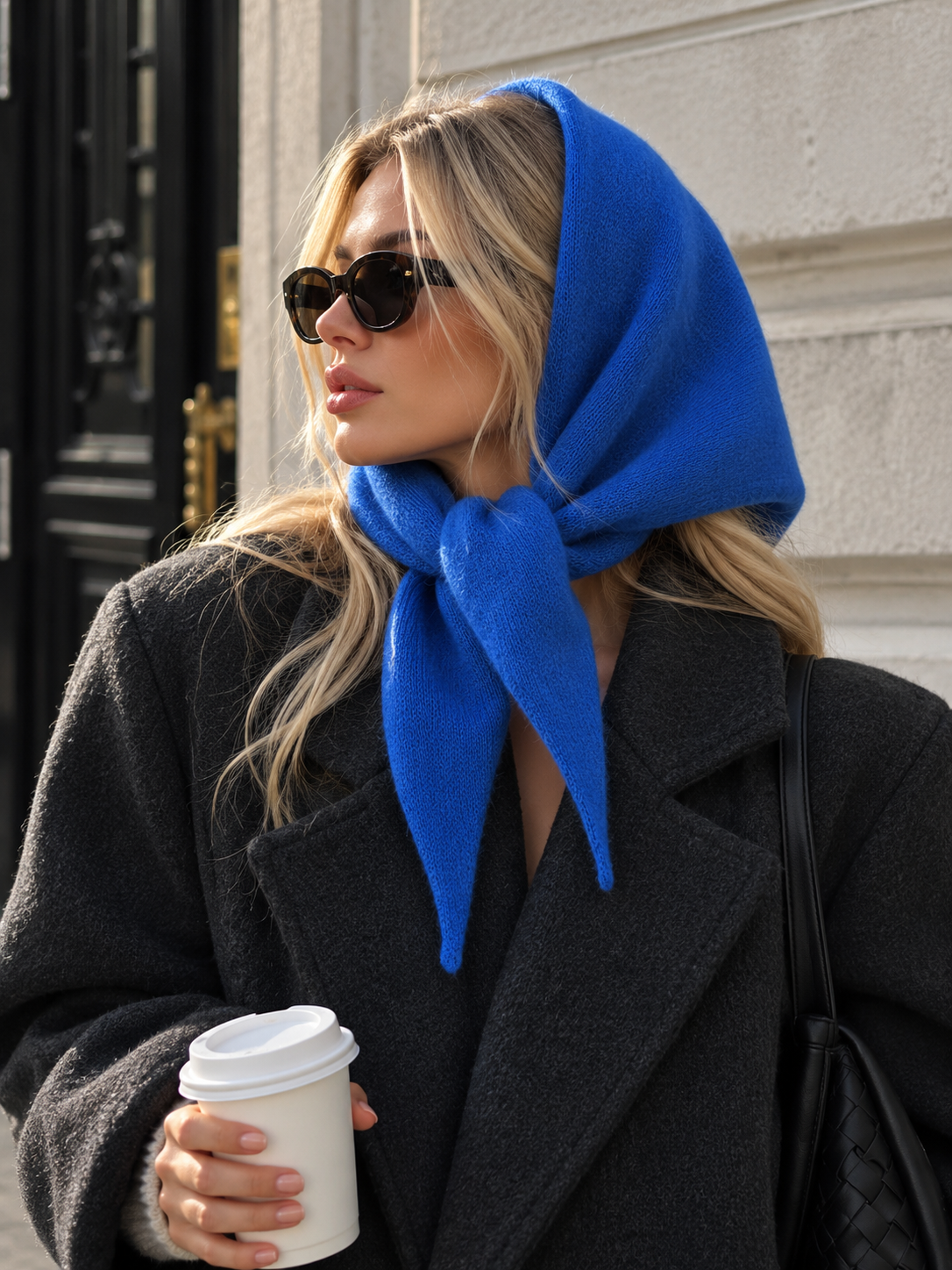 Long wool wrap scarf in bright blue, tied at the neck with long draped ends