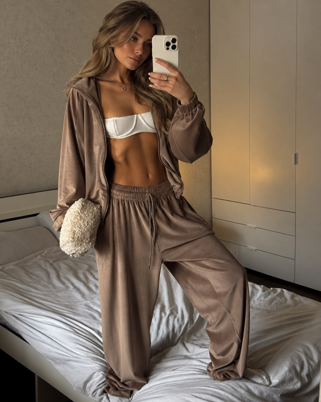 Velour zip jacket and wide-leg pants set in taupe, relaxed fit