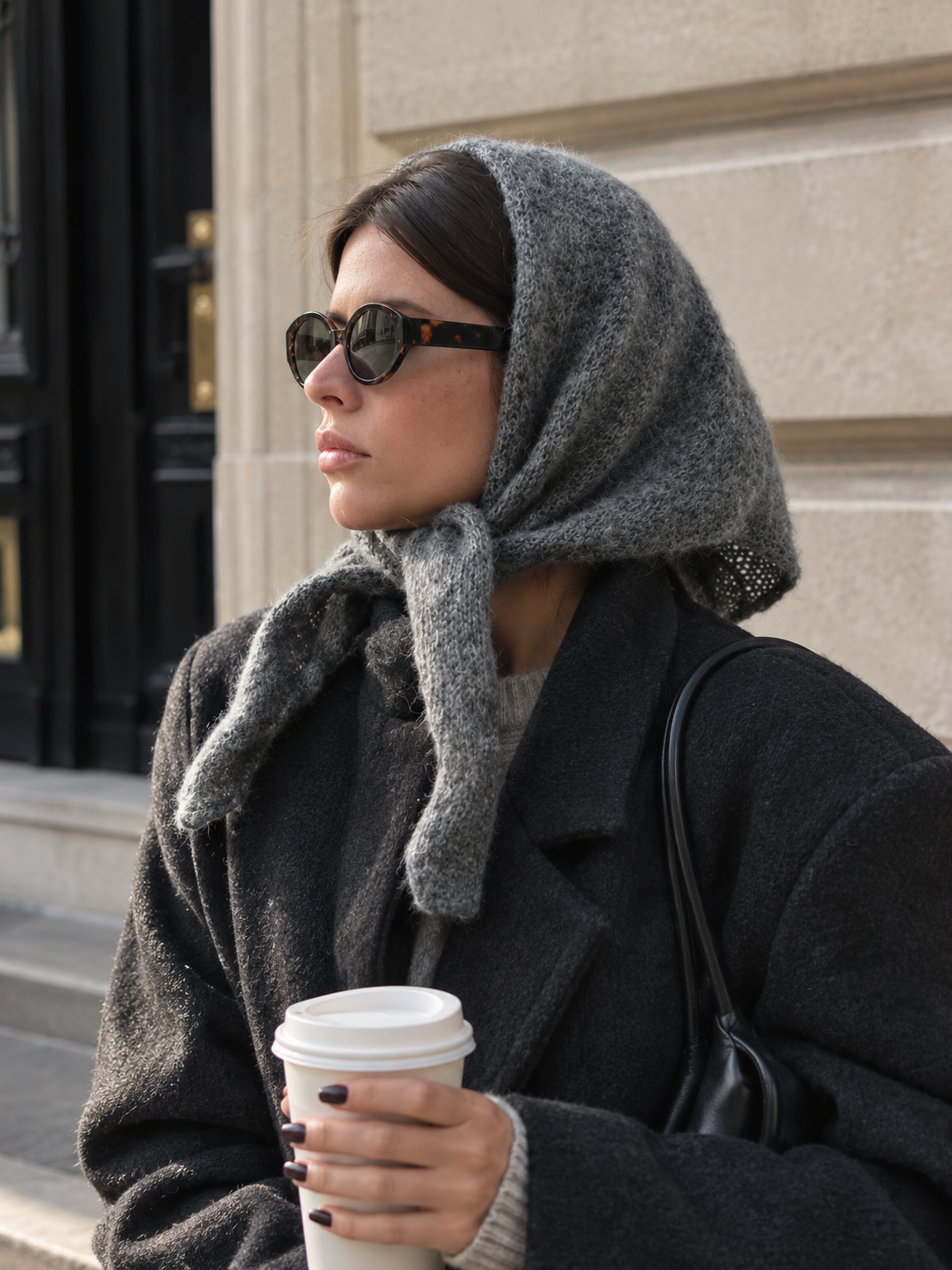 Long wool wrap scarf in dark grey, draped over the head and shoulders