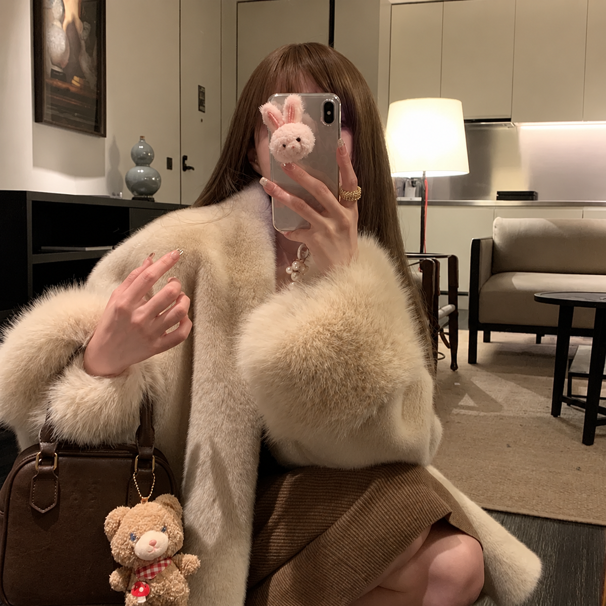 Beige faux fur-collar mid-length coat, plush sleeves and open front